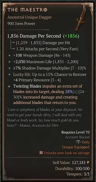 Diablo 4 The Maestro - Unique Dagger card