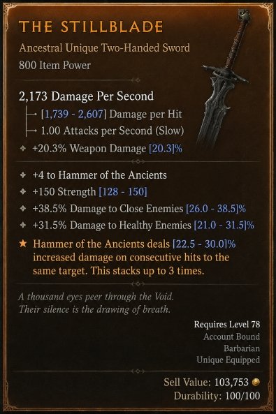 Diablo 4 The Stillblade - Unique Sword card