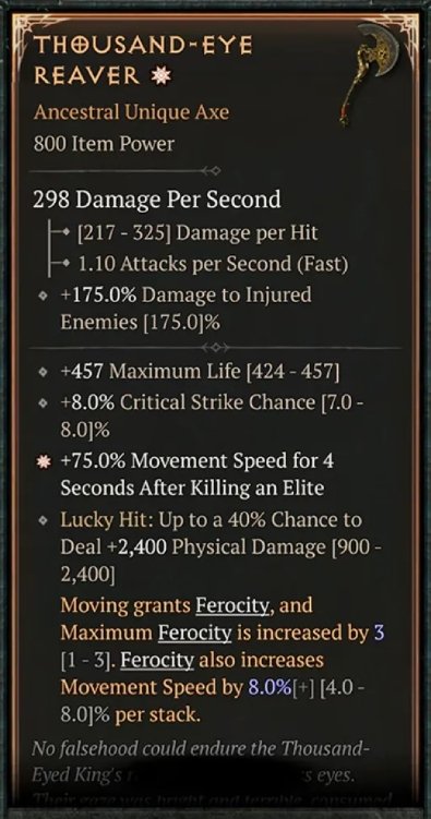 Diablo 4 Thousand-Eye Reaver - Unique Axe card