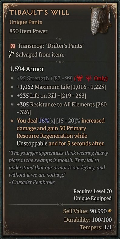 Diablo 4 Tibault's Will - Unique Pants card
