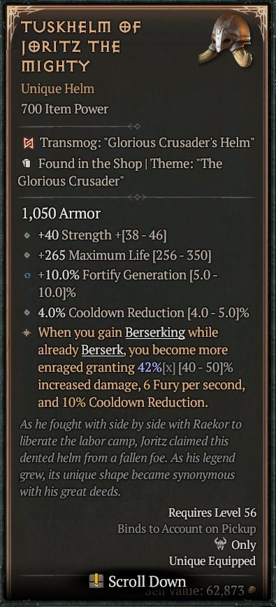 Diablo 4 Tuskhelm of Joritz the Mighty: Unique Helm card