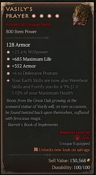 Diablo 4 Vasily's Prayer: Unique Helm card