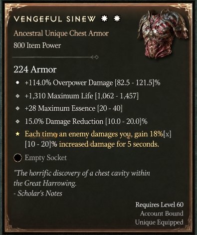 Diablo 4 Vengeful Sinew: Unique Chest card