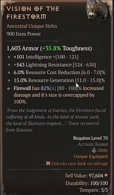 Diablo 4 Vision of the Firestorm: Unique Helm card