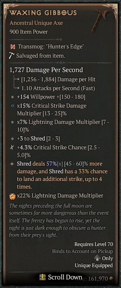 Diablo 4 Waxing Gibbous - Unique Axe card