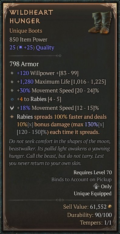 Diablo 4 Wildheart Hunger: Unique Boots card