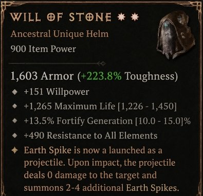 Diablo 4 Will of Stone: Unique Helm card