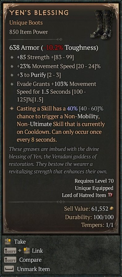 Diablo 4 Yen's Blessing - Unique Boots card